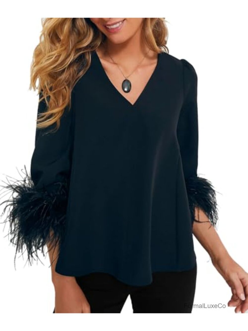 Feather Blouse Women's V Neck 3/4 Sleeve Party Cocktail Top